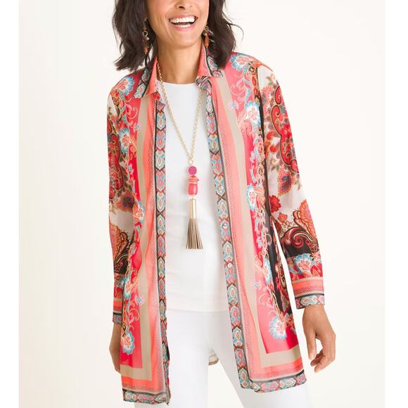 Chicos Multicolor Patterned Button Up Semi Sheer Blouse S Boho Artsy Bohemian - Picture 1 of 10